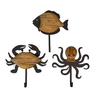 Set of 3 Nautical Wood and Metal Decorative Wall Hooks Fish Crab Octopus